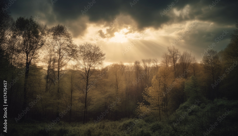 Tranquil scene of autumn forest at sunset generated by AI