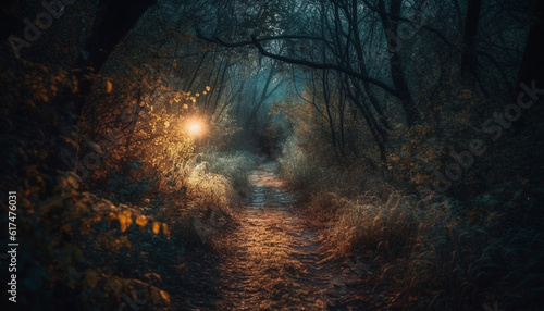 Mysterious fog shrouds spooky autumn forest path generated by AI