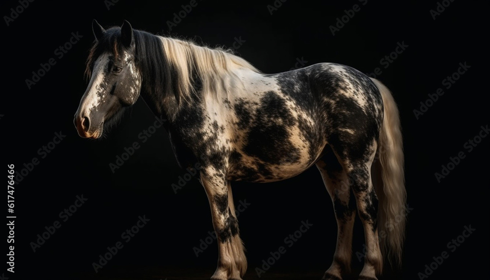 Black stallion grazing in rural meadow pasture generated by AI