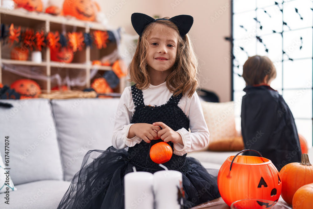 Adorable boy and girl having halloween party smiling confident at home Adorable boy and girl having halloween party smiling confident at home