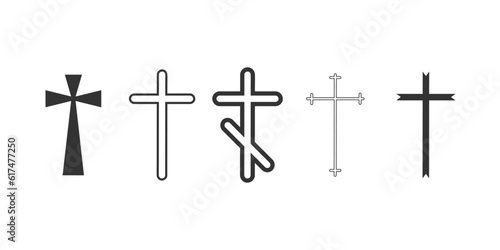 Set of cruciform icons, christian crosses isolated on background. Hand drawn icons of christian and catholic crosses in flat design. photo