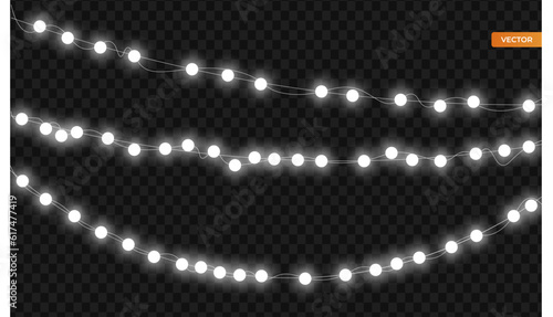 Christmas Lights Isolated, Realistic Design Elements, Glowing Lights for Xmas Holiday Greeting Card Design, Garlands, Christmas Decorations, Vector Illustration, Isolated on Transparent Background