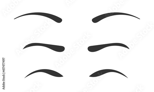 Various shapes, angles and thin eyebrows hand drawn. Makeup Tips. Eyebrow shaping for women. The classic type and different thickness of the pruning. Vector illustration