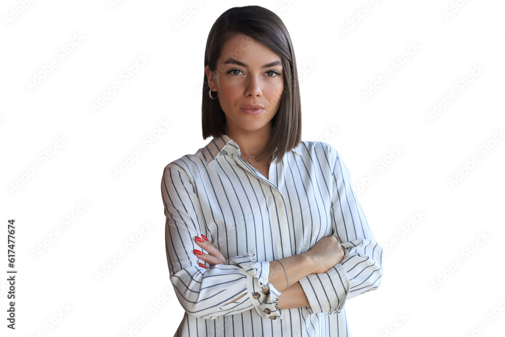 Attractive business woman looking at camera while standing on a transparent background Attractive business woman looking at camera while standing on a transparent background