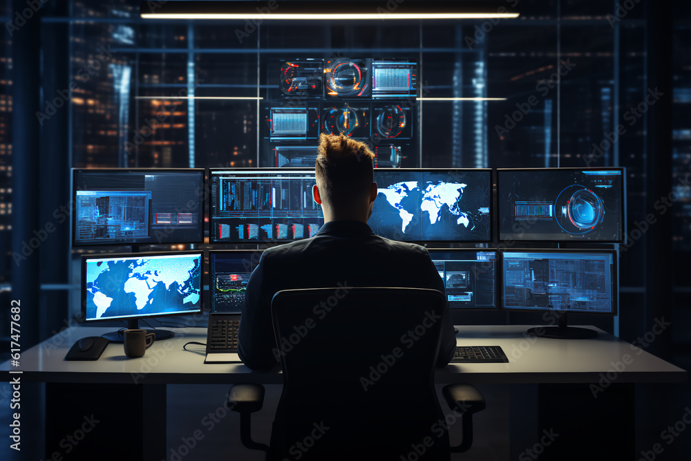 In the System Control Room Technical Operator Sits and Monitors Various Activities Showing on Multiple Displays with Graphics. Responsibility for Information Security in the Company Concept In the System Control Room Technical Operator Sits and Monitors Various Activities Showing on Multiple Displays with Graphics. Responsibility for Information Security in the Company Concept