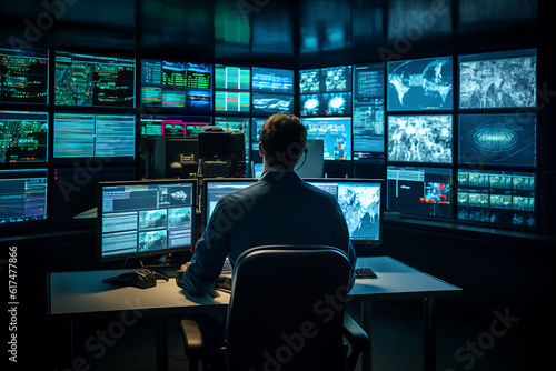 In the System Control Room Technical Operator Sits and Monitors Various Activities Showing on Multiple Displays with Graphics. Responsibility for Information Security in the Company Concept