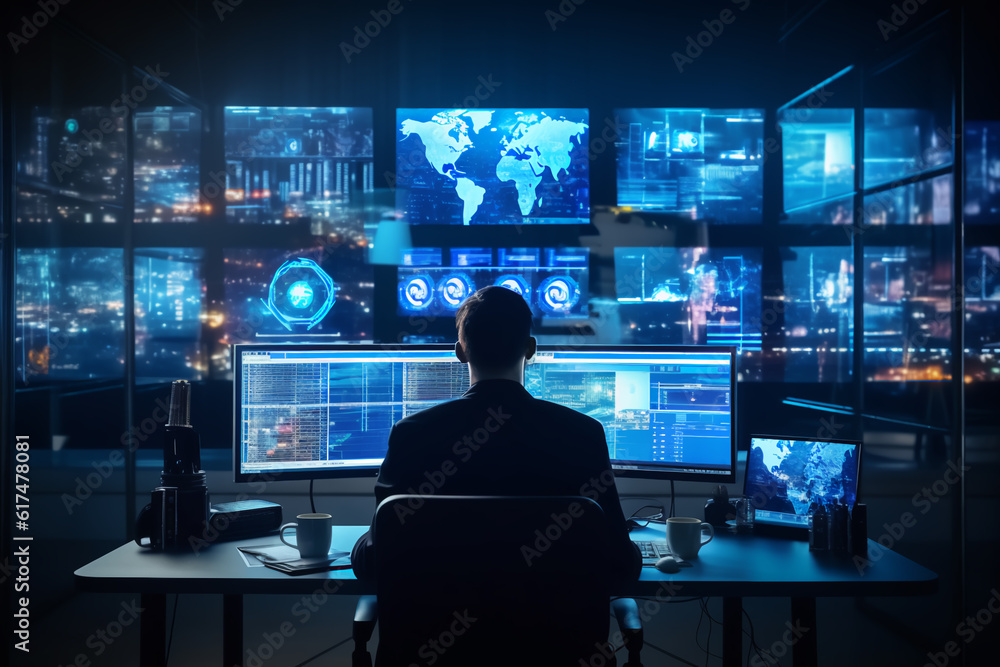 In the System Control Room Technical Operator Sits and Monitors Various Activities Showing on Multiple Displays with Graphics. Responsibility for Information Security in the Company Concept In the System Control Room Technical Operator Sits and Monitors Various Activities Showing on Multiple Displays with Graphics. Responsibility for Information Security in the Company Concept