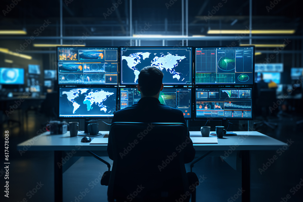 In the System Control Room Technical Operator Sits and Monitors Various Activities Showing on Multiple Displays with Graphics. Responsibility for Information Security in the Company Concept In the System Control Room Technical Operator Sits and Monitors Various Activities Showing on Multiple Displays with Graphics. Responsibility for Information Security in the Company Concept