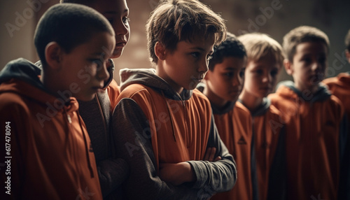 Smiling schoolboys studying indoors, friendship and learning generated by AI