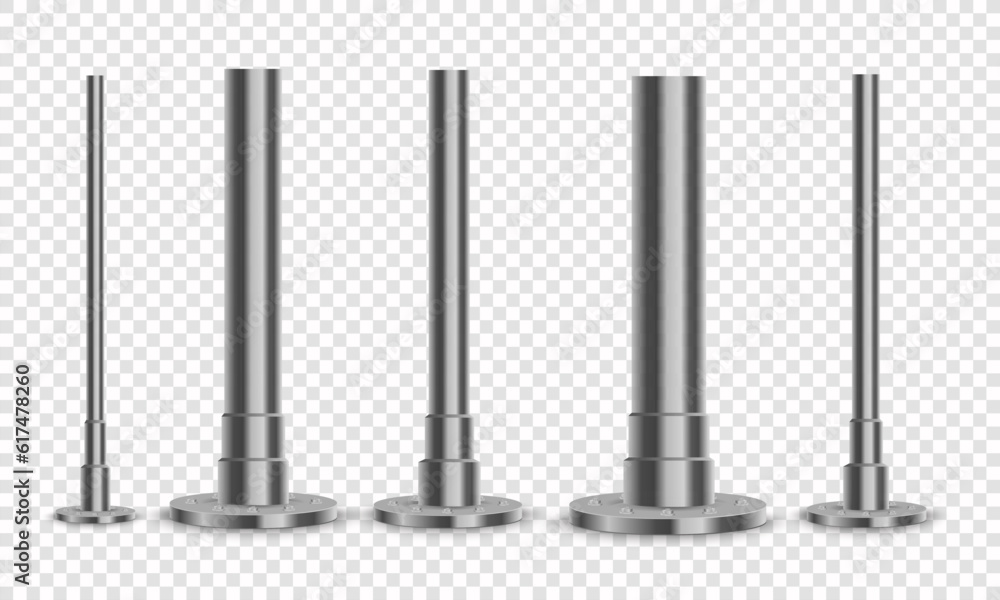 Realistic metal poles. Silver metal vertical pillars, glossy aluminum construction pole. Metallic bearing column vector illustration set. Silver steel glossy, billboard and streetlight, construction