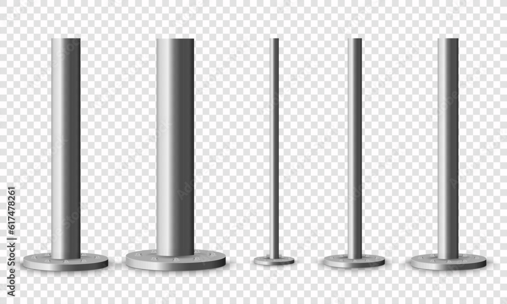Metal poles with different diameters. metal columns. Steel pipes. Template design for urban advertising banners. - obrazy, fototapety, plakaty 