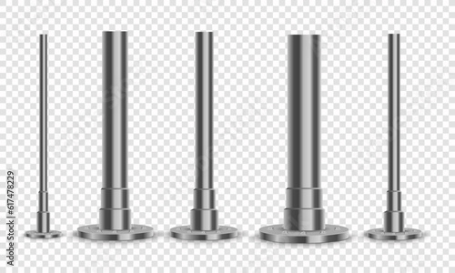 Metal pole bolted on square base. Set of metal poles with different diameters. Steel footings for road sign, banner or billboard. photo