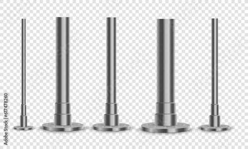 Realistic metal poles. Silver metal vertical pillars, glossy aluminum construction pole. Metallic bearing column vector illustration set. Silver steel glossy, billboard and streetlight, construction