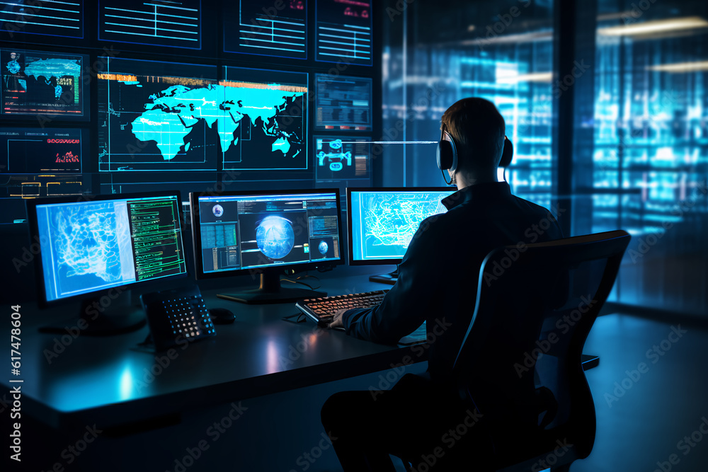 In the System Control Room Technical Operator Sits and Monitors Various Activities Showing on Multiple Displays with Graphics. Responsibility for Information Security in the Company Concept In the System Control Room Technical Operator Sits and Monitors Various Activities Showing on Multiple Displays with Graphics. Responsibility for Information Security in the Company Concept
