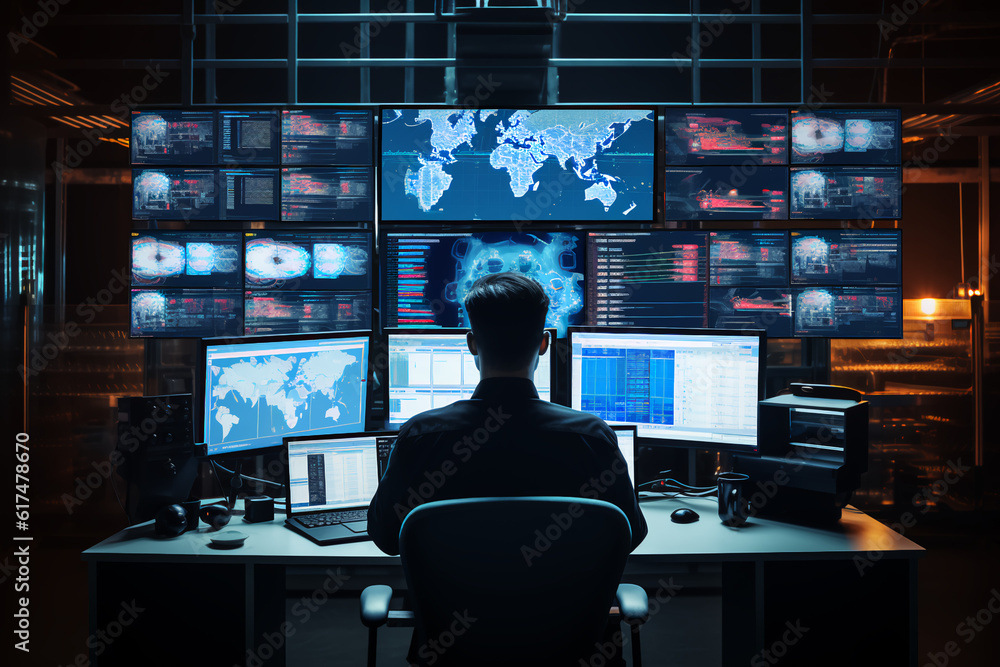 Fototapeta premium In the System Control Room Technical Operator Sits and Monitors Various Activities Showing on Multiple Displays with Graphics. Responsibility for Information Security in the Company Concept
