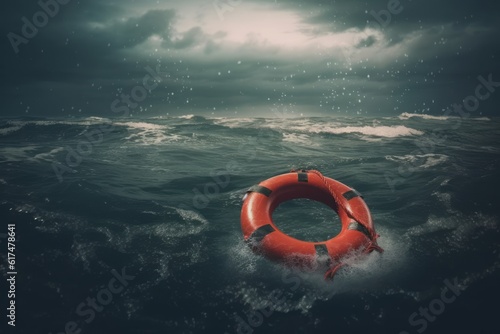 Dramatic ocean rescue scene with stormy sky, red lifebuoy floating in the water. Rescue is looking for the survivors. Generative AI