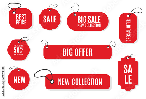 Realistic red price tags collection. Special offer or shopping discount label. Retail paper sticker. Promotional sale badge with text. Vector illustration.
