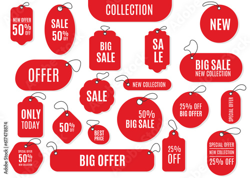 Realistic red price tags collection. Special offer or shopping discount label. Retail paper sticker. Promotional sale badge with text. Vector illustration.