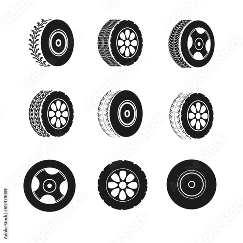Set of car wheels icon. A wheel tyre for the car and the motorcycle and the truck and the SUV. Round and transportation, automobile equipment, vector illustration in flat design, eps 10.