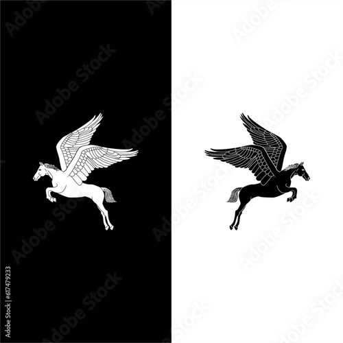 monochrome illustration of a pair of flying horses in high contrast card