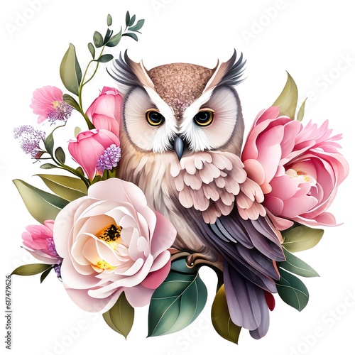 owl on a branch with flowers © Man888