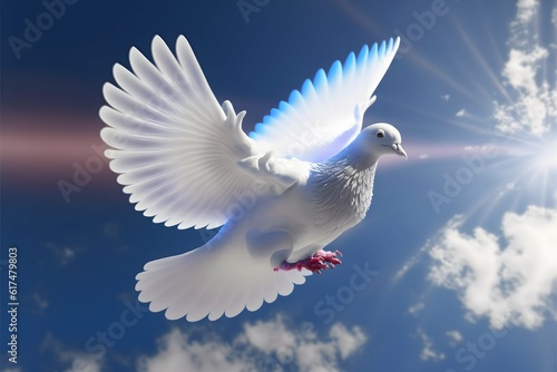 photography dove of peace white dove blue sky white clouds ray tracing global illumination ray tracing reflections beautiful hyperdetailed insane detail intricate detail hyper maximalist smooth 