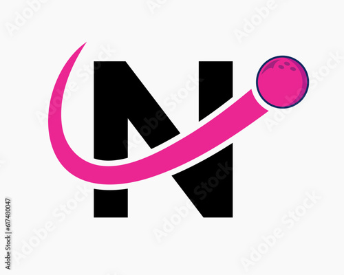 Letter N Bowling Logo. Bowling Ball Symbol With Moving Ball Icon