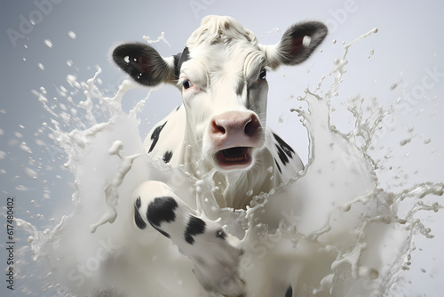 Dynamic depiction of a cow with a lively milk splash, generative ai.