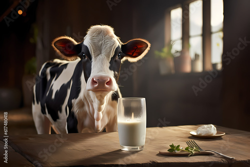 Dynamic depiction of a cow with a lively milk splash, generative ai.