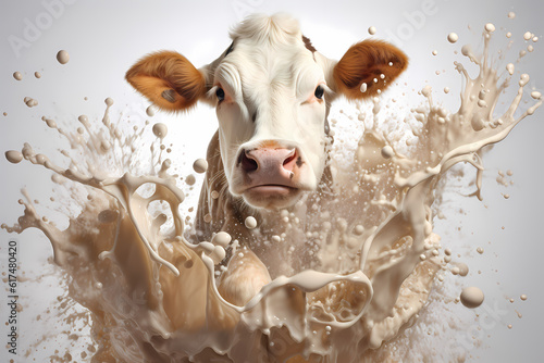 Dynamic depiction of a cow with a lively milk splash, generative ai.