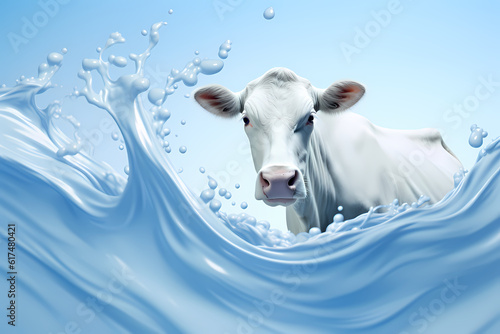 Dynamic depiction of a cow with a lively milk splash, generative ai.