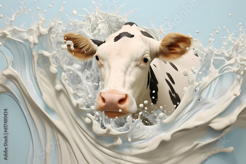 Dynamic depiction of a cow with a lively milk splash, generative ai.