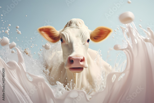 Dynamic depiction of a cow with a lively milk splash, generative ai.