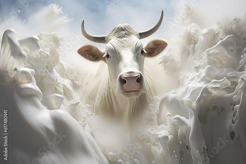 Dynamic depiction of a cow with a lively milk splash, generative ai.