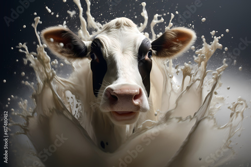 Dynamic depiction of a cow with a lively milk splash  generative ai.