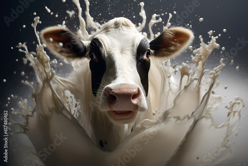 Dynamic depiction of a cow with a lively milk splash, generative ai.