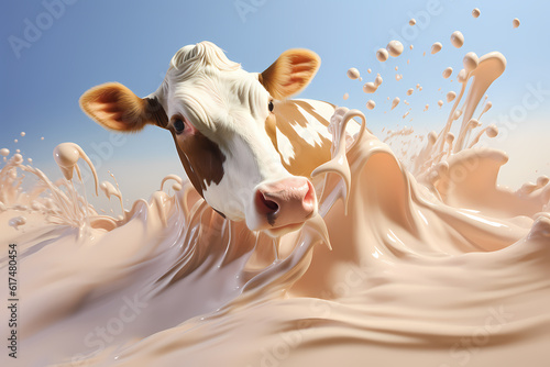 Dynamic depiction of a cow with a lively milk splash, generative ai.