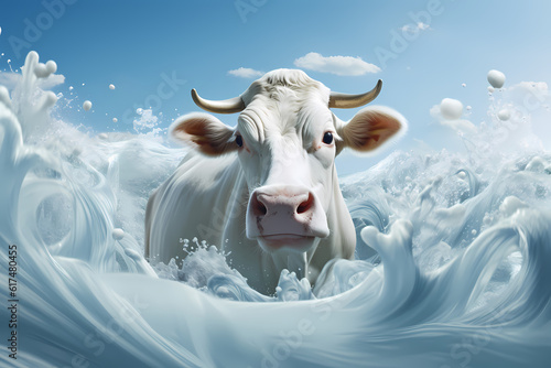 Dynamic depiction of a cow with a lively milk splash, generative ai.