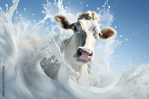 Dynamic depiction of a cow with a lively milk splash, generative ai.