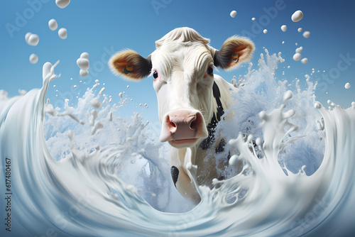 Dynamic depiction of a cow with a lively milk splash, generative ai.