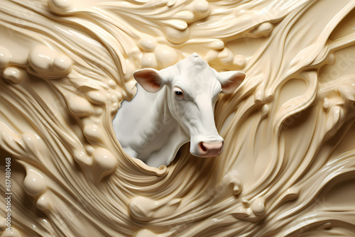 Dynamic depiction of a cow with a lively milk splash, generative ai.