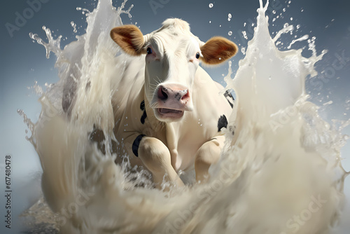 Dynamic depiction of a cow with a lively milk splash, generative ai.