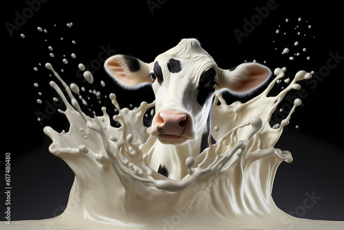 Dynamic depiction of a cow with a lively milk splash, generative ai.