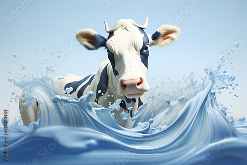 Dynamic depiction of a cow with a lively milk splash, generative ai.