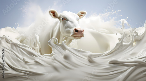Dynamic depiction of a cow with a lively milk splash, generative ai.