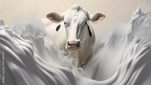 Dynamic depiction of a cow with a lively milk splash, generative ai.