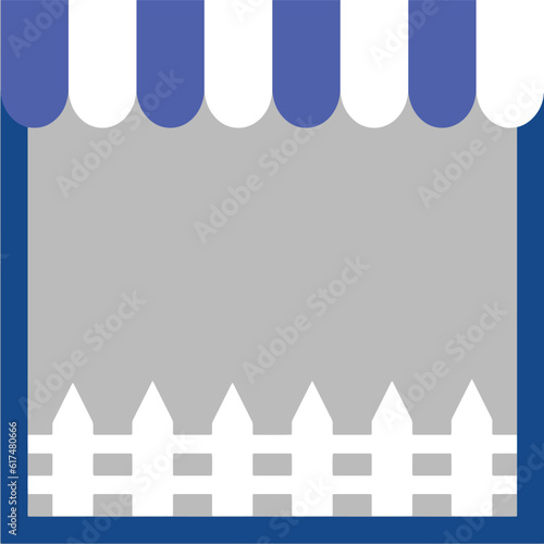blue awning canopy or sunshade, white fence, empty space for message, retail storefront, vector