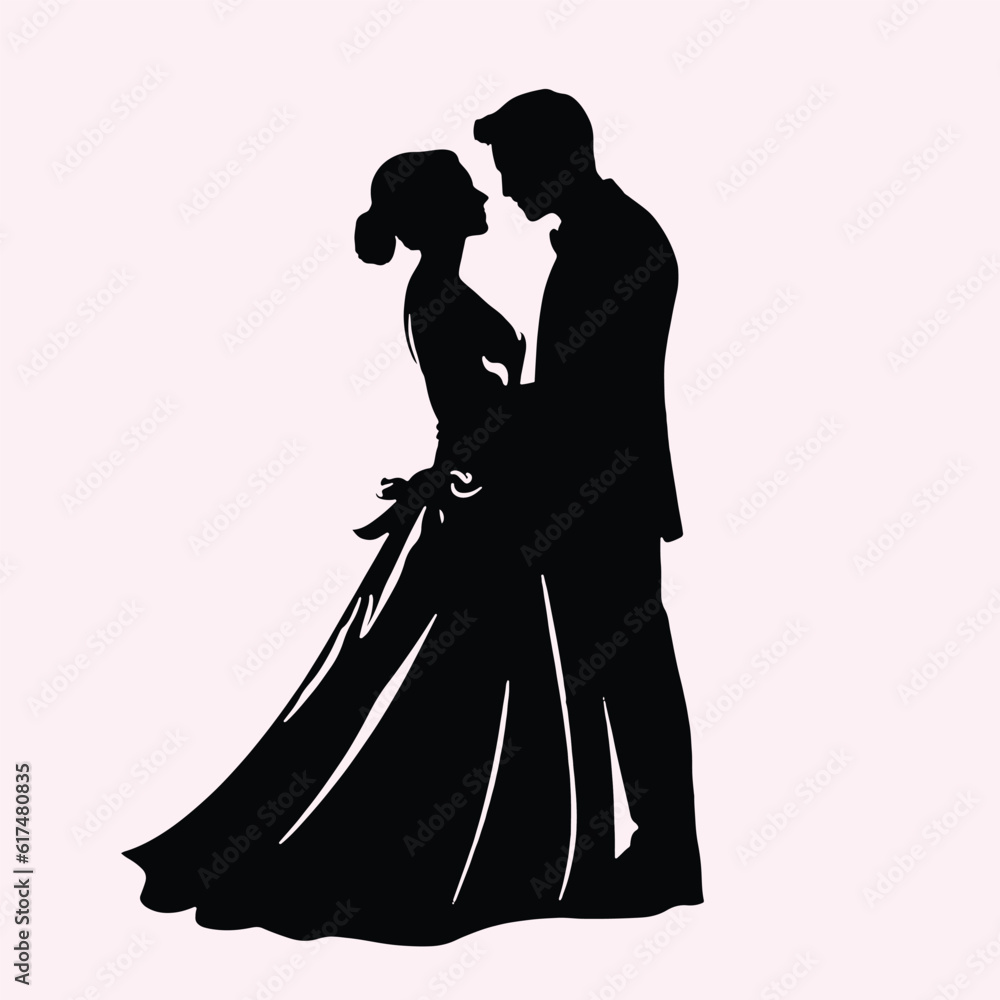 Silhouette wedding, A happy couple celebrates a wedding, kisses, Wedding ceremony, Marriage, vector