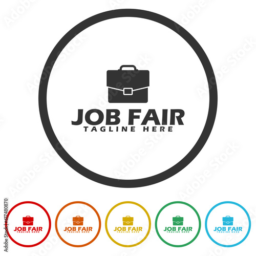  Job fair logo icon. Set icons in color circle buttons