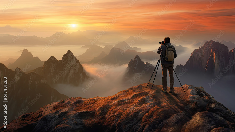 photorealism of Asia, a man taking a photo of a mountain, a photo of a person with a camera, on top of a mountain photorealism of Asia, a man taking a photo of a mountain, a photo of a person with a camera, on top of a mountain